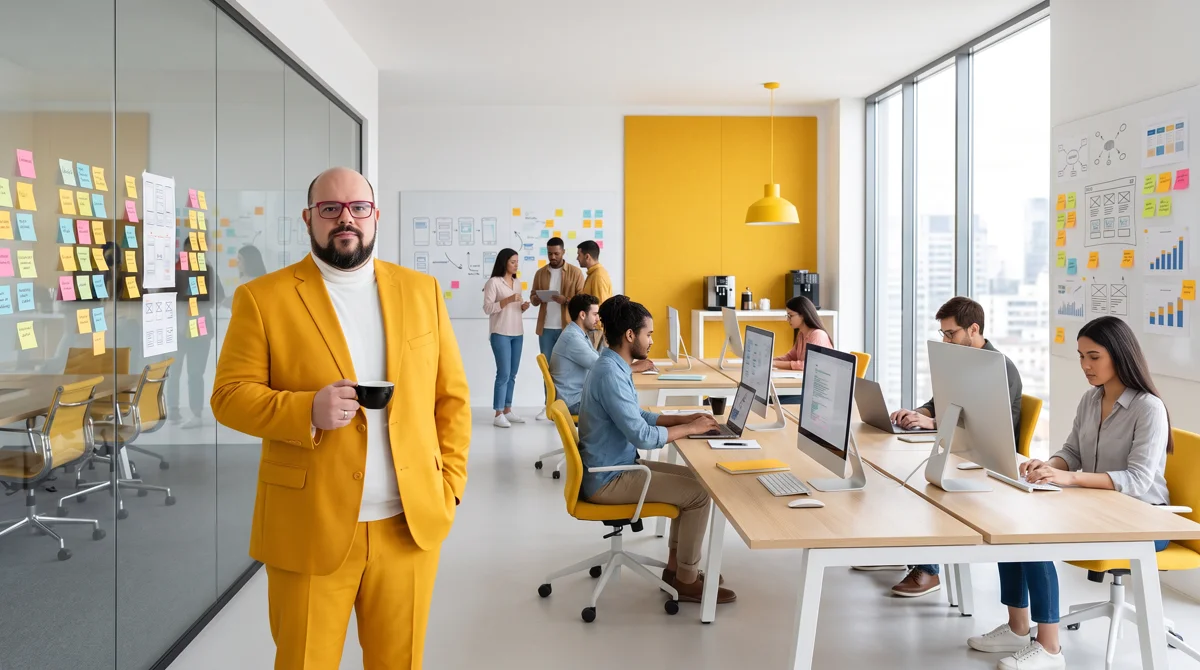 Flávio de terno amarelo e gola alta branca segura uma xícara de café; escritório com quadro de post-its e equipe ao fundo