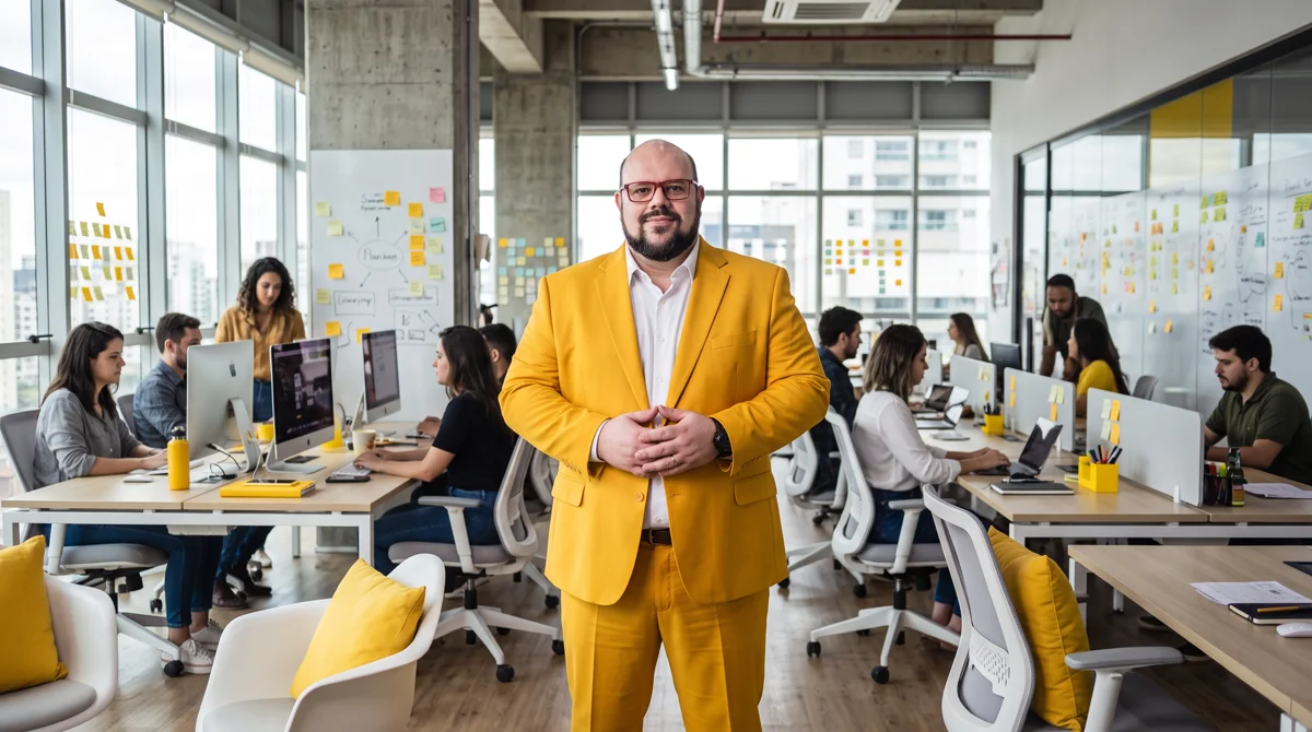 Flávio de terno amarelo e camisa branca, mãos juntas, no corredor de um escritório aberto com equipe e quadros de post-its
