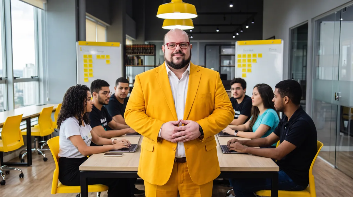 Flávio de terno amarelo e camisa branca, mãos unidas, posando de frente; equipe trabalha em notebooks atrás