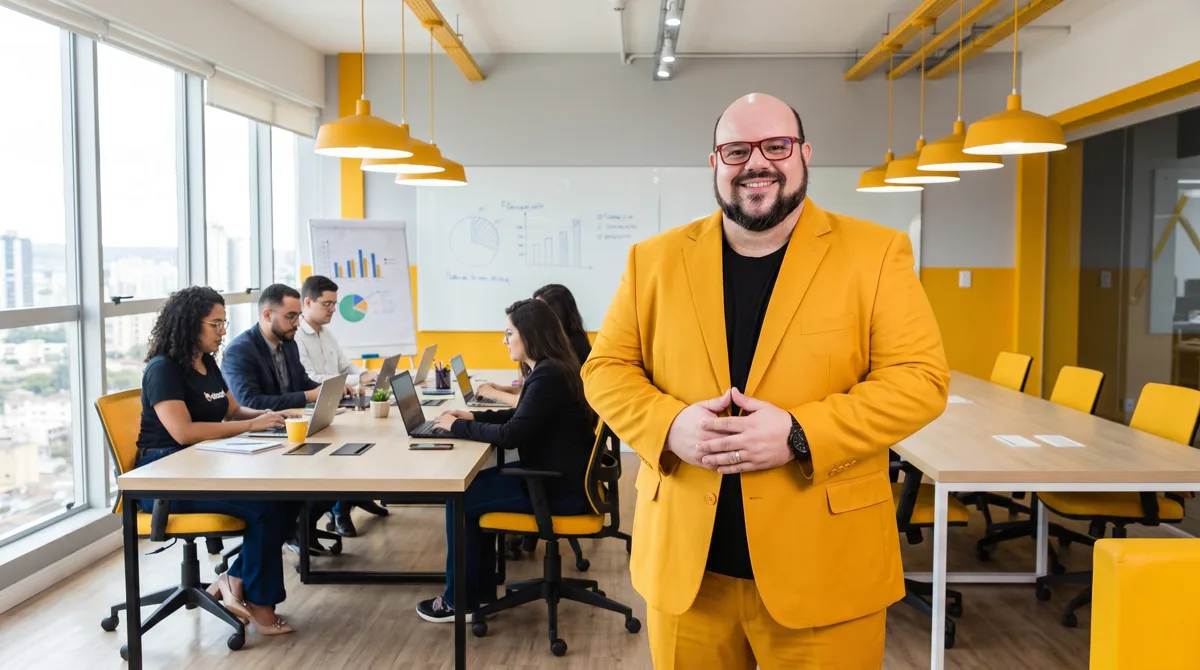 Flávio de terno mostarda, sorrindo de mãos unidas, posa em primeiro plano; equipe à mesa e gráficos ao fundo