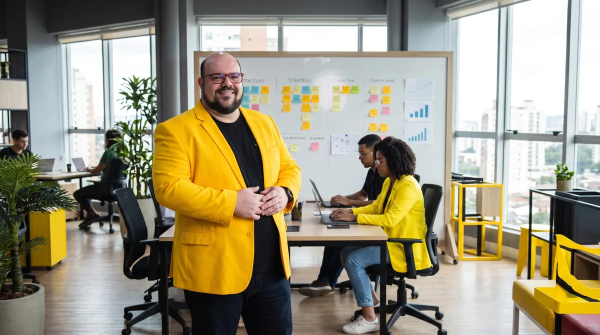Flávio de blazer amarelo-limão, mãos unidas e sorriso, posa em escritório com equipe e quadro de post-its