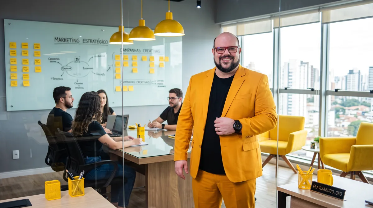 Flávio Sabugo sorrindo, de terno amarelo, em um escritório moderno com a equipe trabalhando ao fundo e um quadro de planejamento na parede