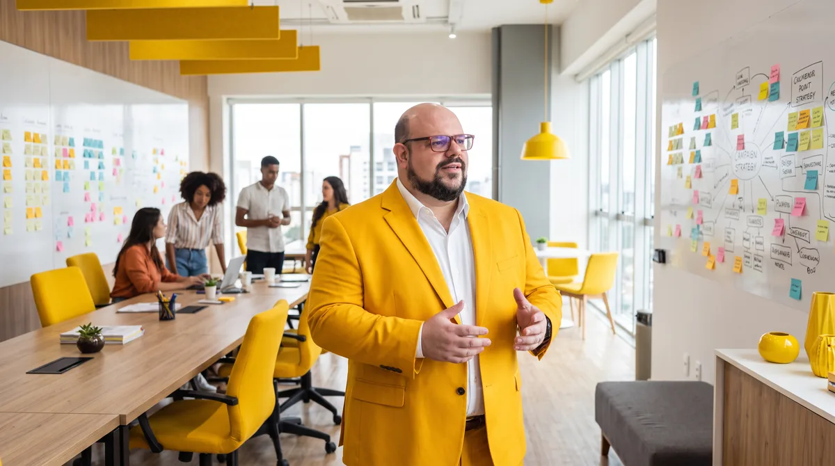 Flávio de terno amarelo e camisa branca gesticula explicando, em sala com mapa mental de post-its e equipe à mesa