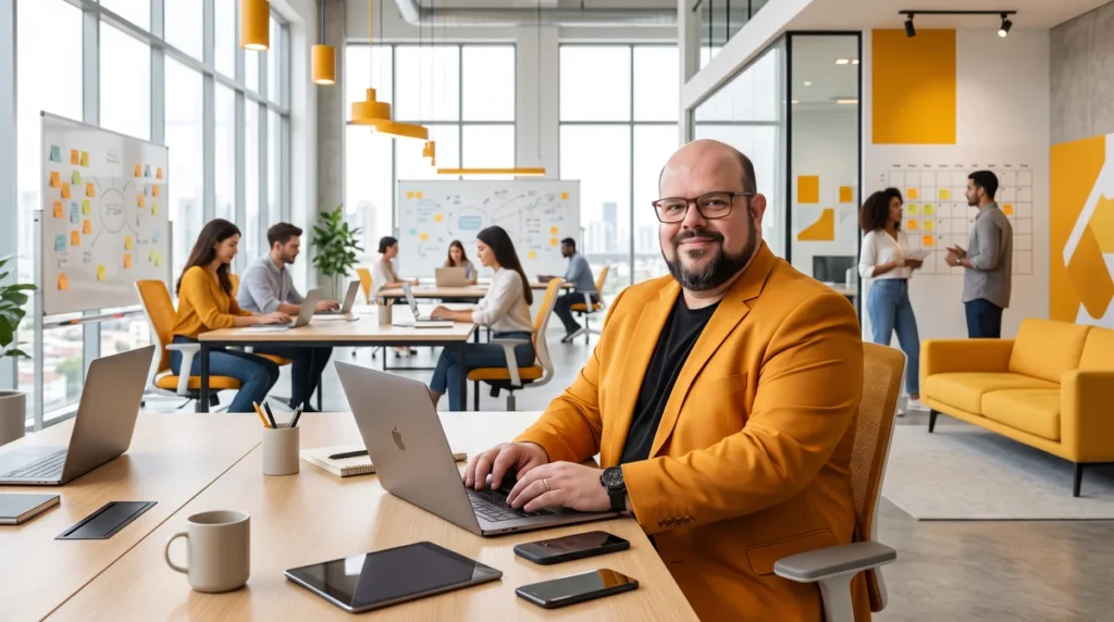 Flávio de blazer âmbar e óculos pretos sorri para a câmera digitando no MacBook; open space com equipe