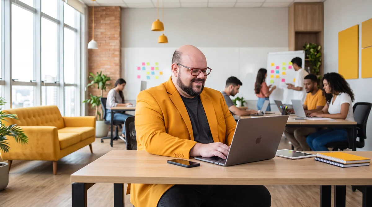 Flávio de blazer mostarda sorri digitando no MacBook; sofá amarelo, equipe e quadro de post-its ao fundo