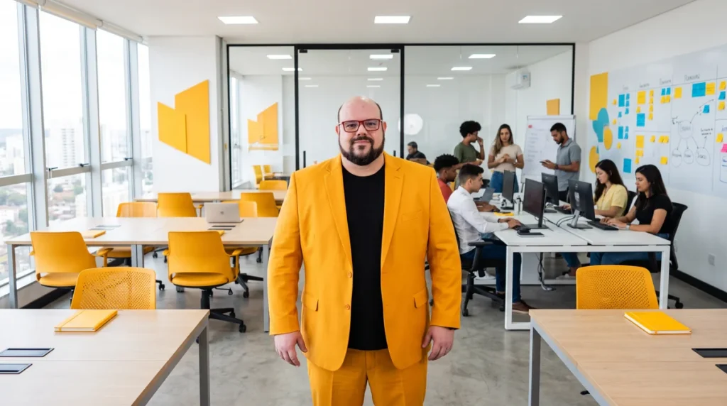 Flávio de terno amarelo e camiseta preta em pé entre mesas vazias; equipe e post-its ao fundo