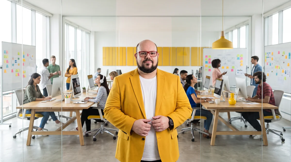 Flávio de blazer amarelo e camiseta branca ajeitando o blazer; sala de vidro com equipe e quadros