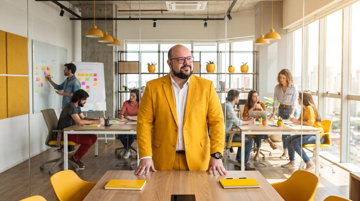 Flávio de terno amarelo e camisa branca com mãos apoiadas na mesa; escritório aberto com equipe e post-its