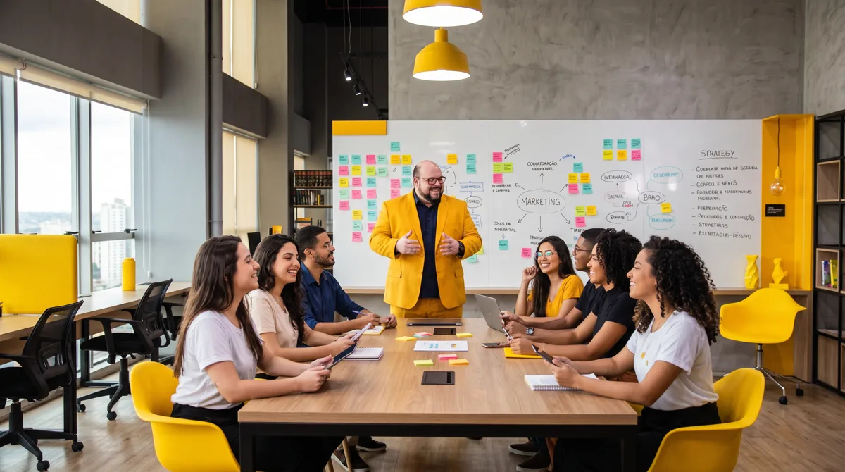 Flávio de blazer amarelo conduz reunião diante de quadro com mapa de marketing, com a equipe sorridente à mesa