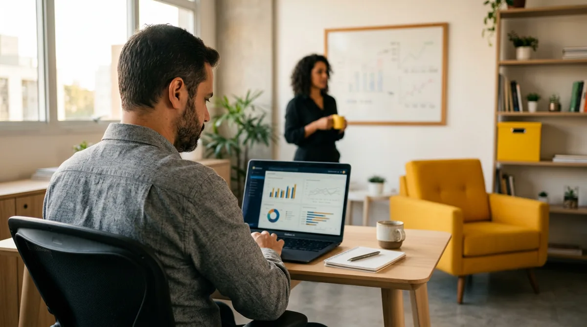 Gestor acompanhando no notebook os indicadores semanais das metas de vendas e marketing