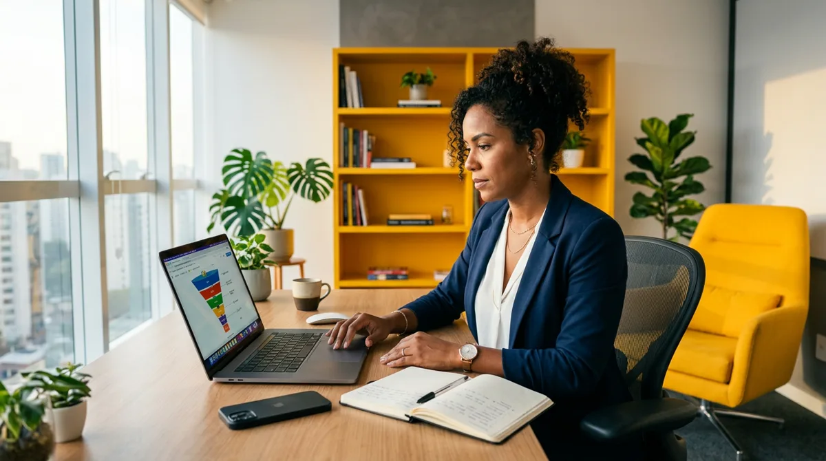 Gestora comercial analisando métricas de prospecção e funil de vendas no notebook