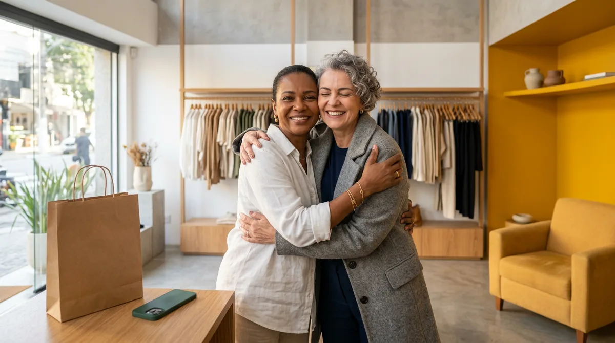 Lojista recebe com um abraço uma cliente antiga que voltou à boutique