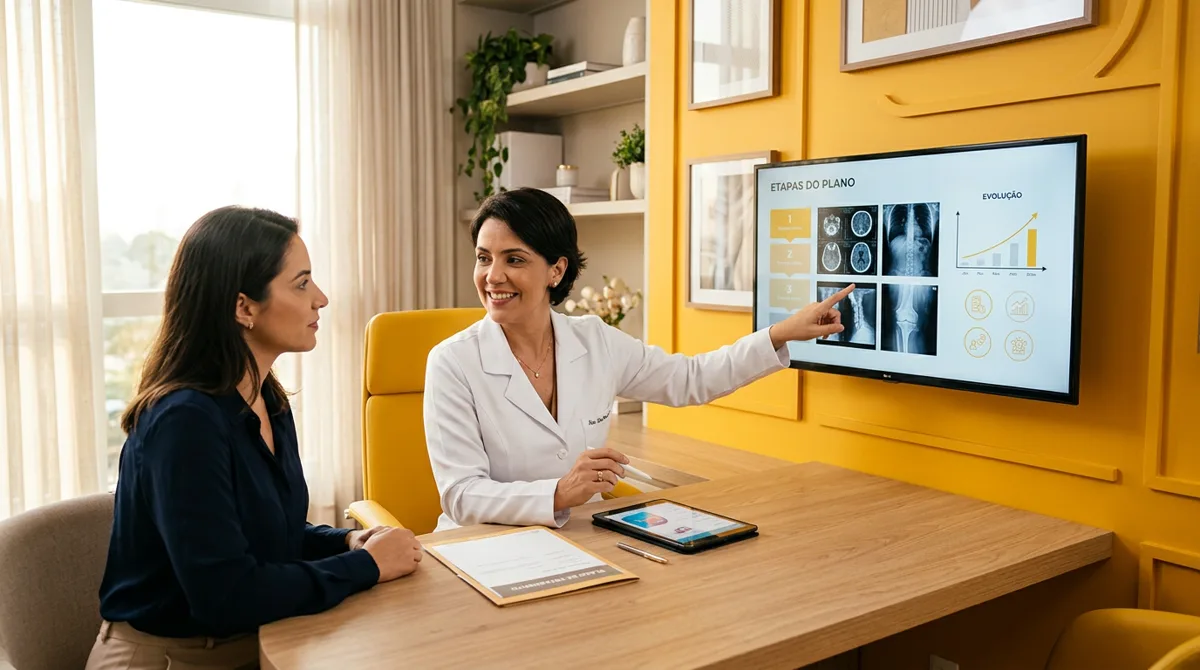 Médica de jaleco aponta para um monitor com as etapas do plano de tratamento enquanto a paciente observa, em consultório com paredes amarelas