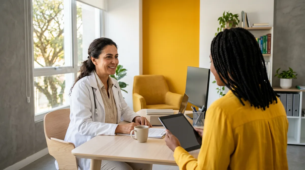 Médica e secretária do consultório revisando a campanha de Google Ads por especialidade