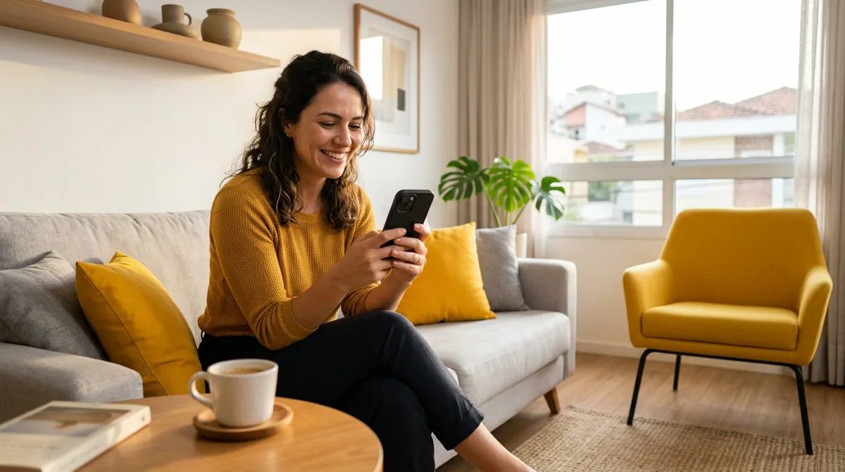 Mulher sorrindo no sofá enquanto assiste no celular a vídeos de creators, com poltrona amarela ao fundo