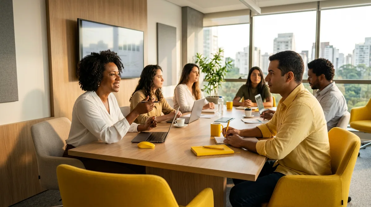 Equipe fazendo a revisão mensal dos indicadores do plano de marketing
