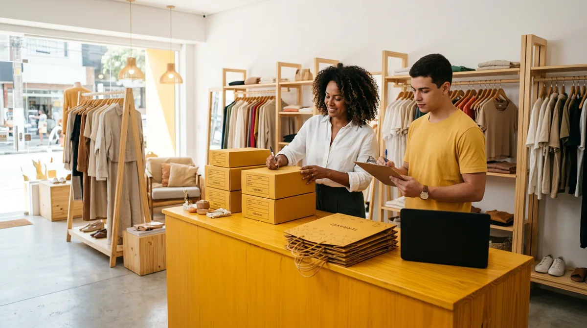 Empresária e funcionário conferem o estoque da loja na preparação para a Black Friday
