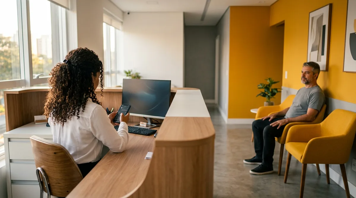 Recepcionista da clínica agendando consulta pelo WhatsApp de paciente vindo do Google