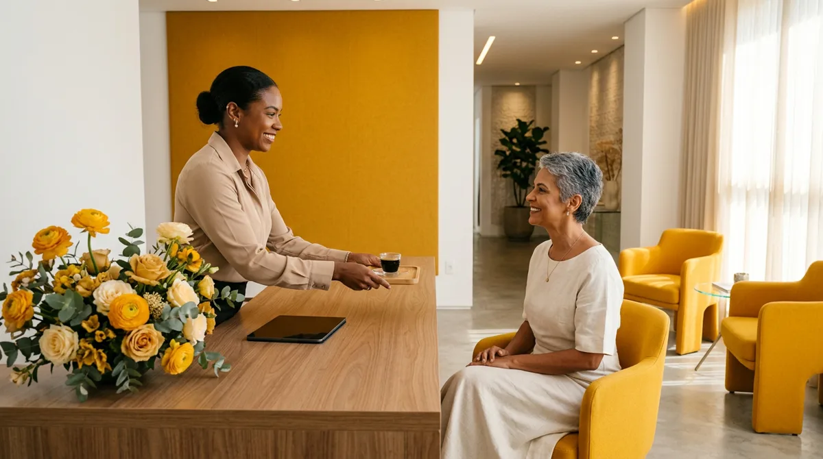 Recepcionista recebe cliente com café na recepção de uma clínica de estética de alto padrão