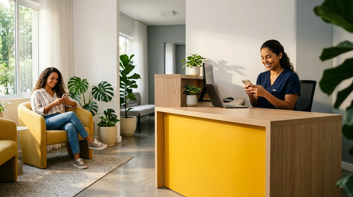 Recepcionista de clínica respondendo clientes pelo celular enquanto uma paciente aguarda na recepção