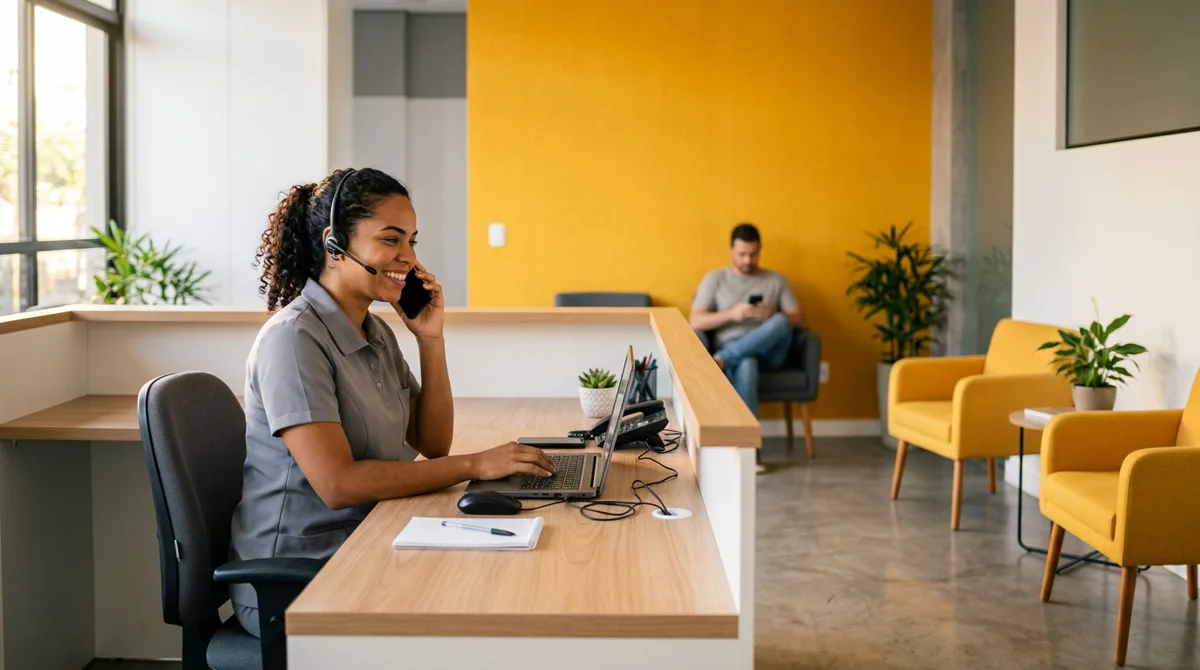Recepcionista de clínica fazendo follow-up com paciente pelo celular e confirmando agendamento
