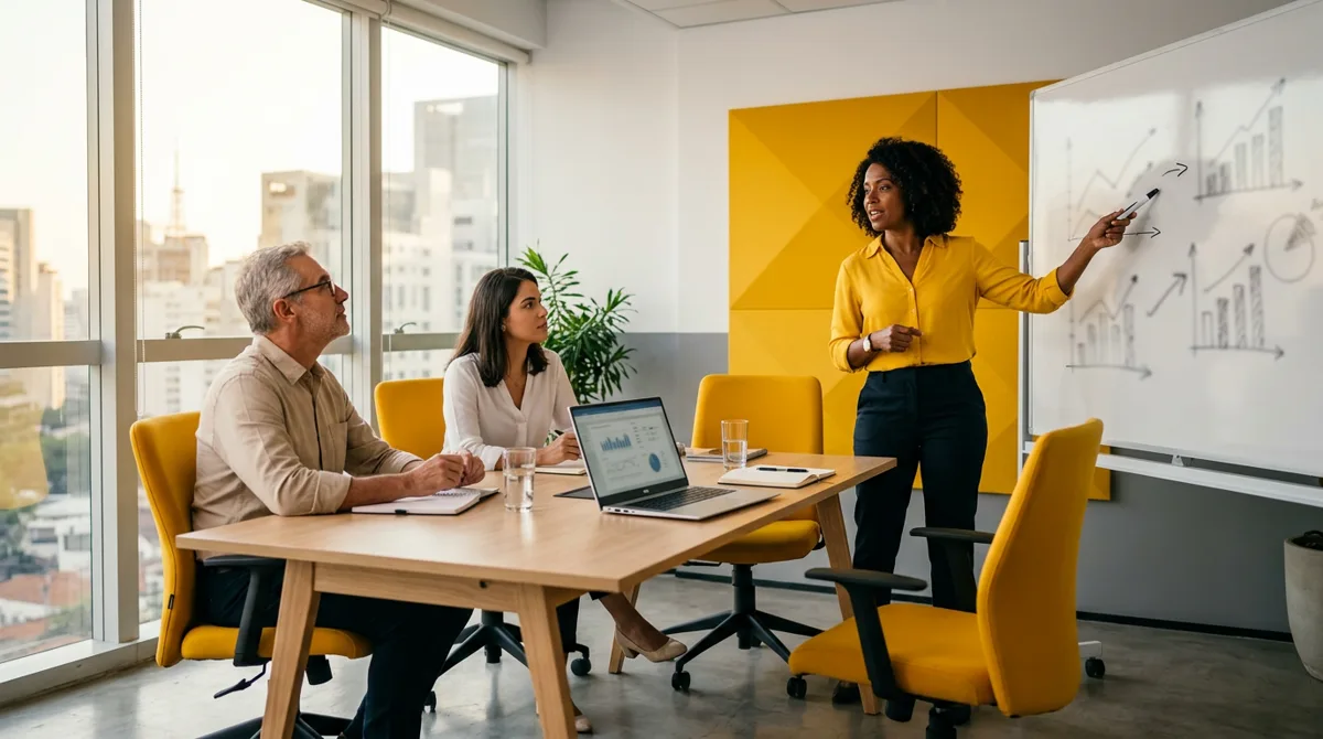 Equipe de sócios e gerente de vendas reunida para definir e desdobrar as metas da empresa