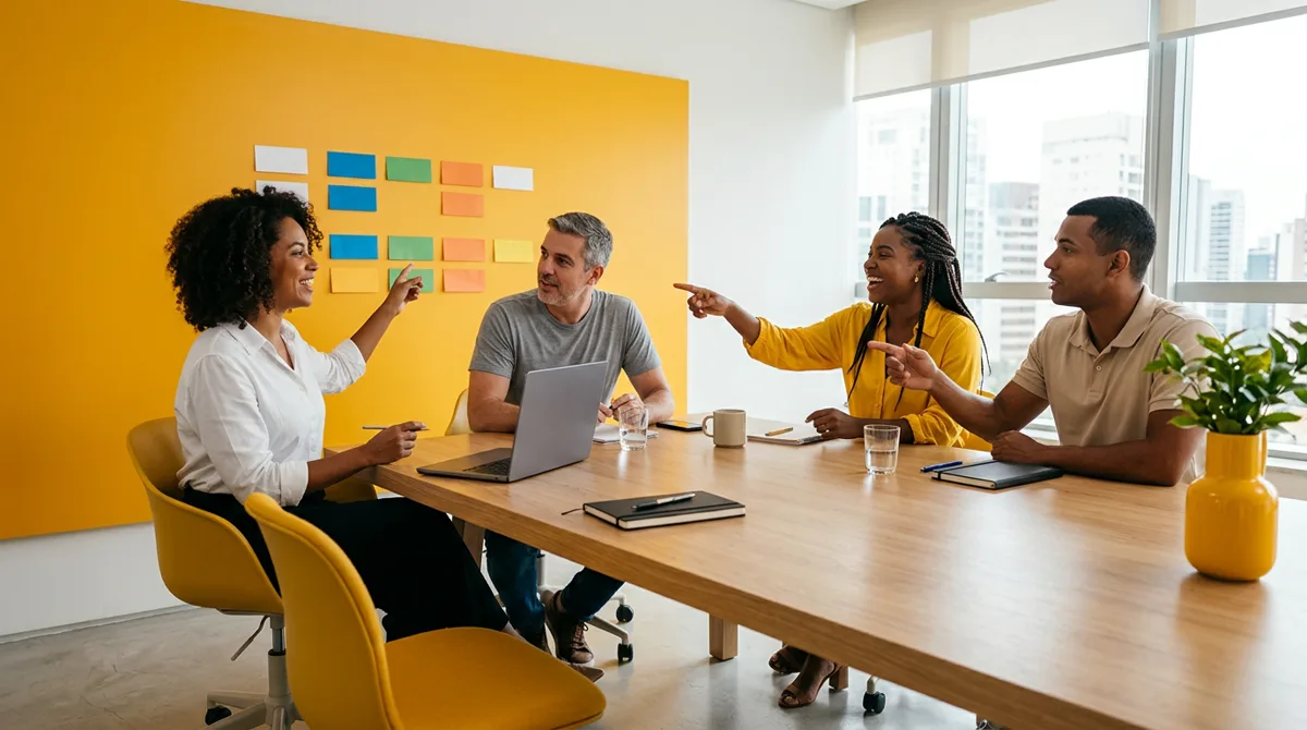Equipes de marketing e de vendas reunidas em torno de uma mesa, alinhando o caminho do contato até a venda em um painel de post-its