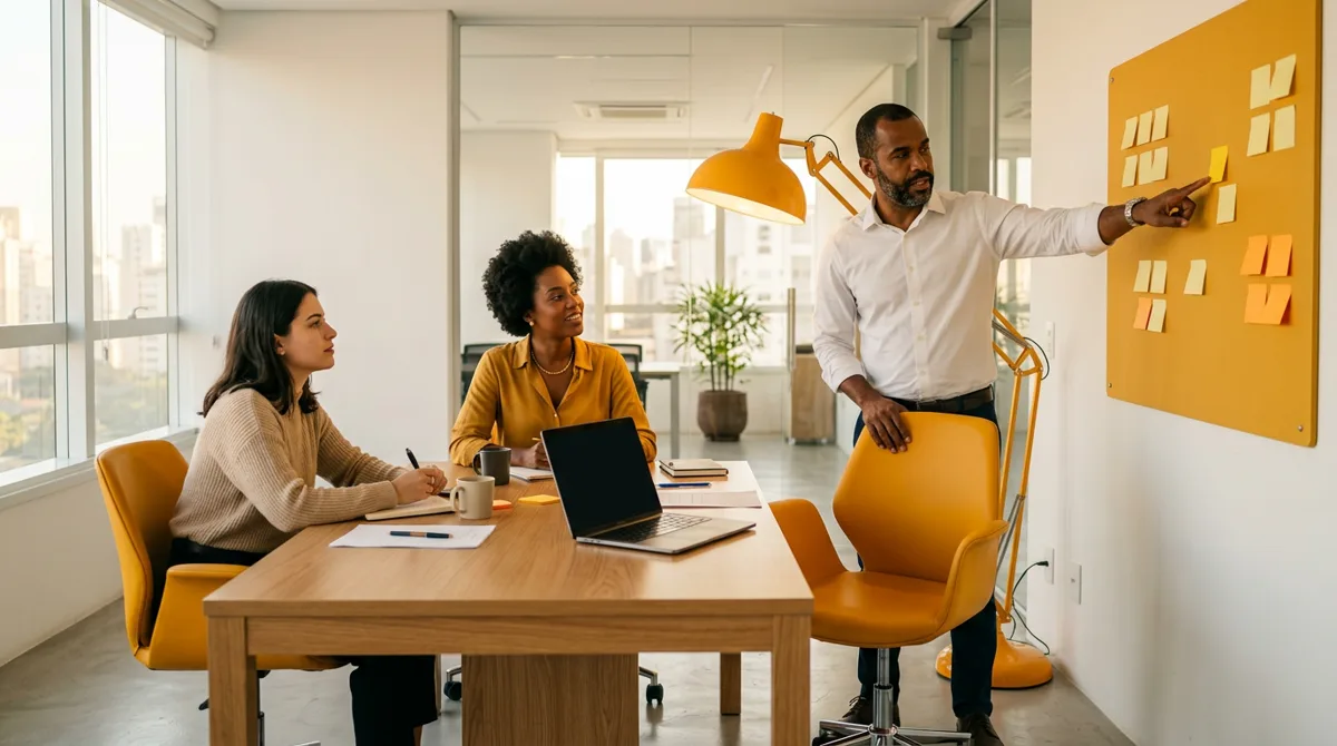 Empresário define metas de vendas com a equipe comercial em reunião de planejamento
