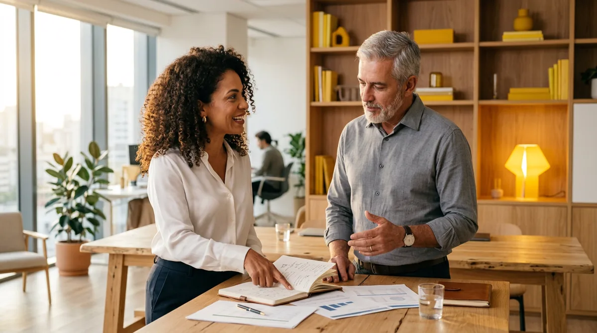 Sócios de uma empresa analisando juntos os dados do site e das vendas