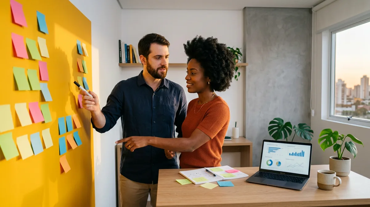 Sócios de uma pequena empresa planejam as etapas do marketing digital diante de um painel com notas