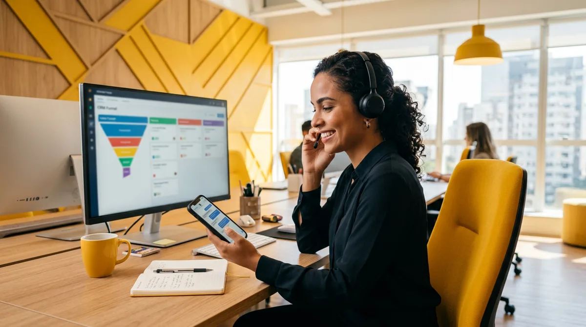 Vendedora sorridente com fone de ouvido fala ao telefone e segura o celular com uma conversa aberta, diante de um monitor com o funil de vendas do CRM, em escritório com parede amarela