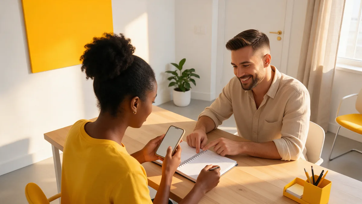 Atendente de uma pequena empresa confere o celular e uma agenda para marcar o retorno a um cliente pelo WhatsApp