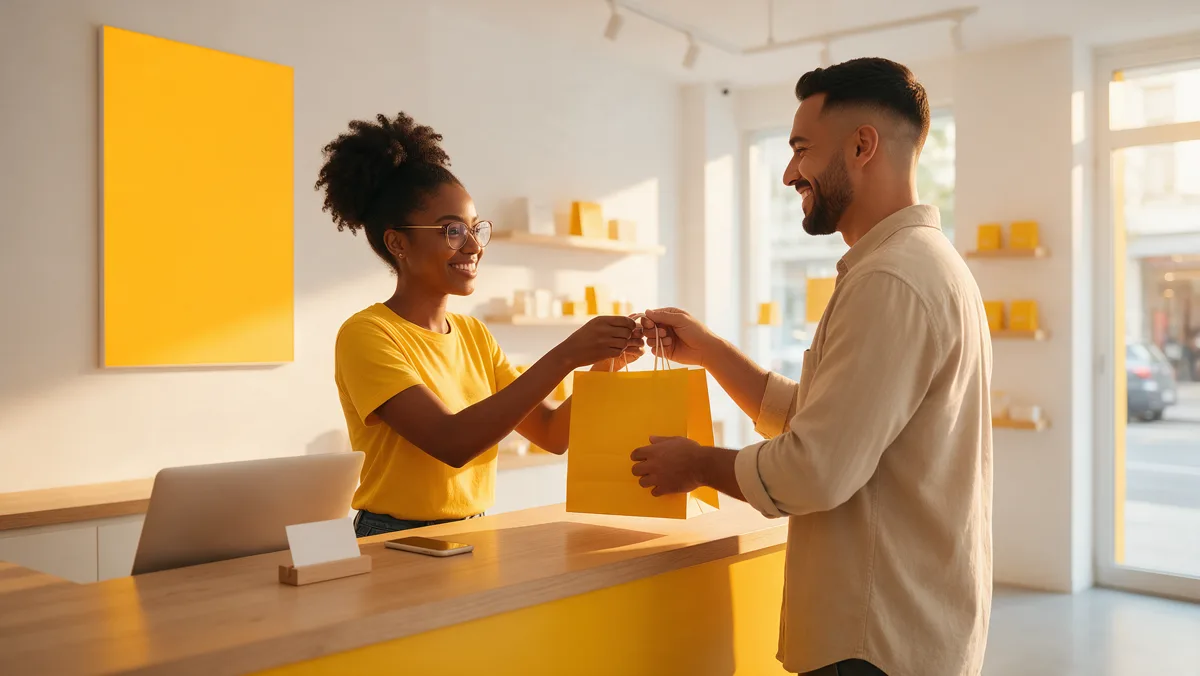 Atendente jovem entrega uma compra a um cliente em uma loja de rua moderna, momento ideal para pedir avaliação e contato