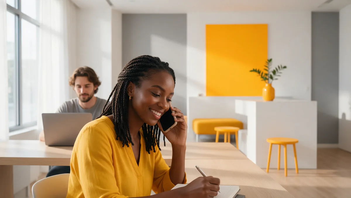 Atendente jovem fala ao celular e anota em um caderno enquanto atende um cliente em um espaço moderno de pequena empresa