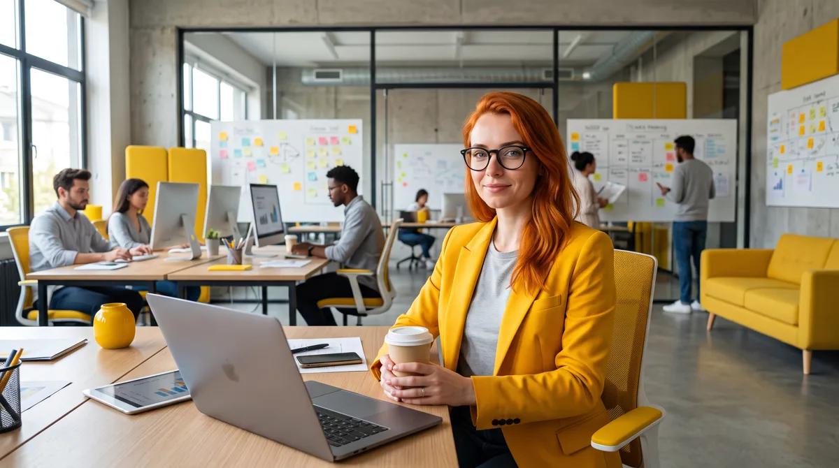 Profissional de blazer amarelo com um café e um notebook em um escritório com quadros de planejamento e a equipe ao fundo