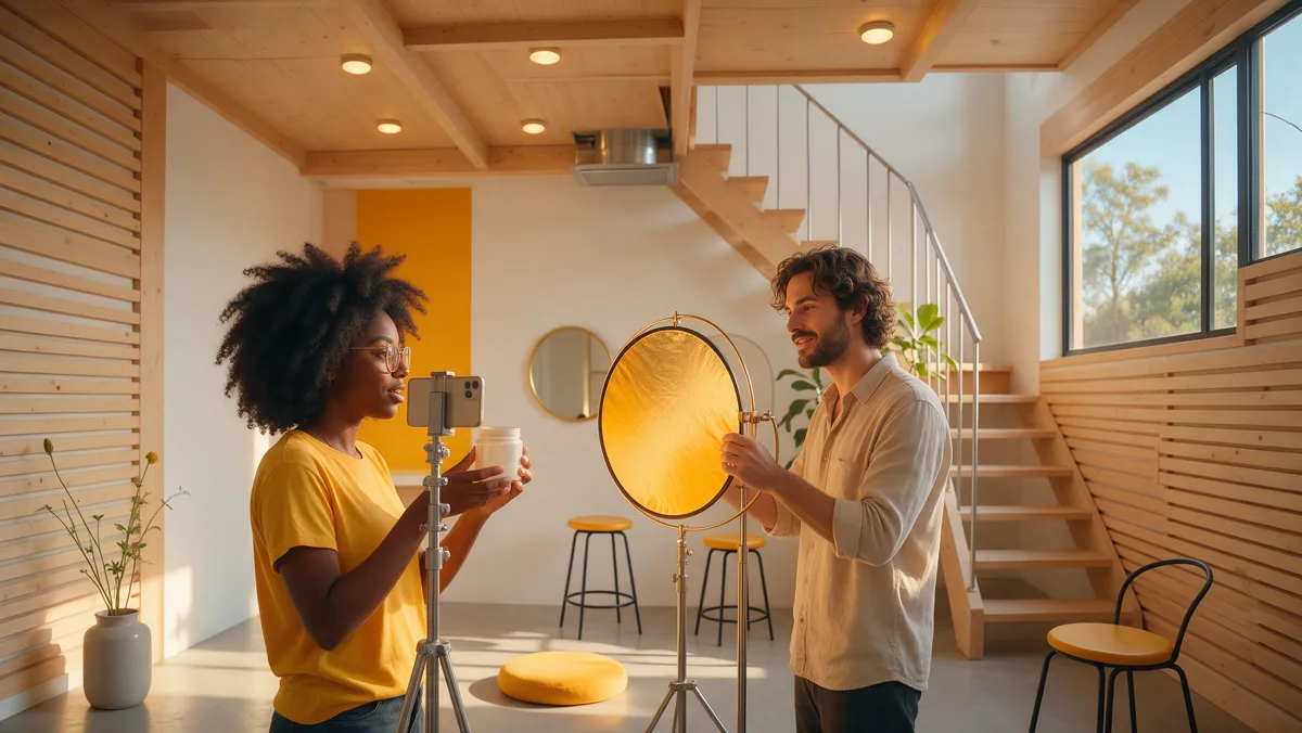 Criadora de conteúdo grava um vídeo curto de produto em um estúdio moderno, com um colega ajustando a luz