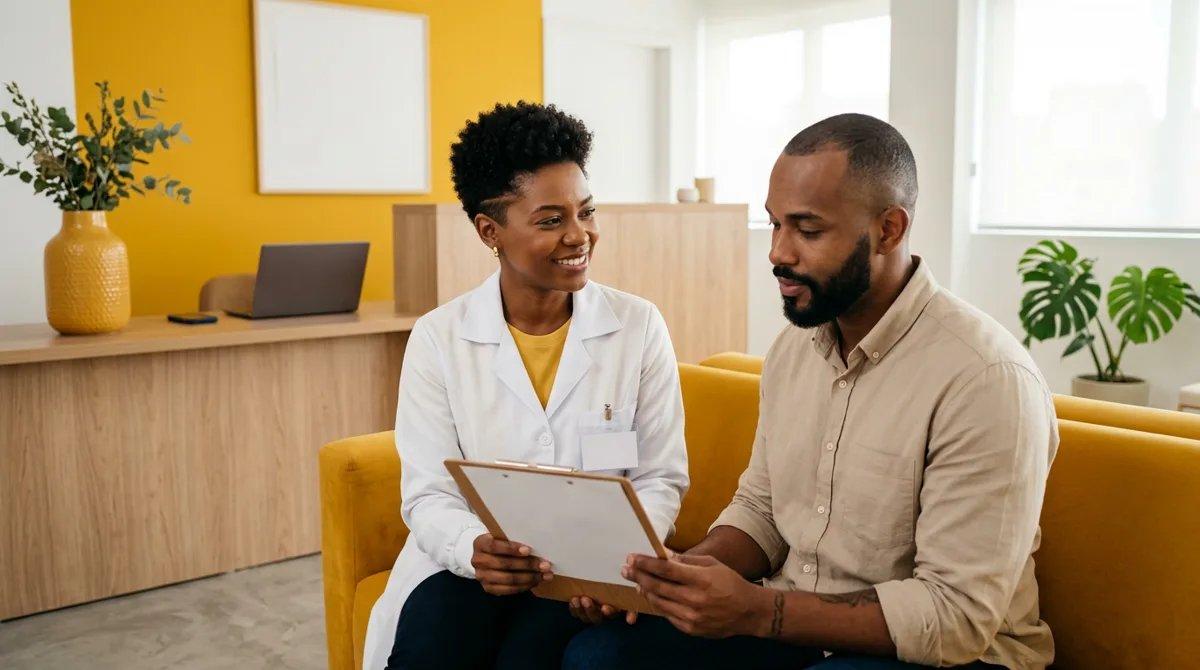 Dentista e paciente conversam na recepção de uma clínica odontológica, lendo juntos um termo de autorização em branco