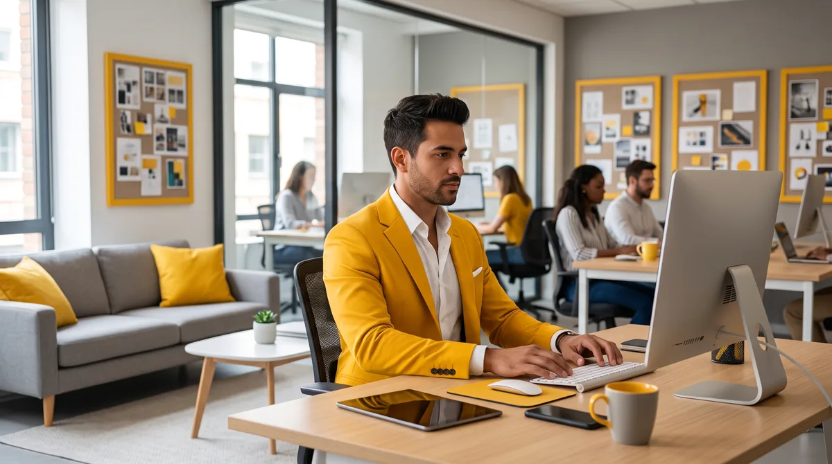 Profissional de blazer amarelo acompanhando os números da campanha no computador, com a equipe da agência ao fundo
