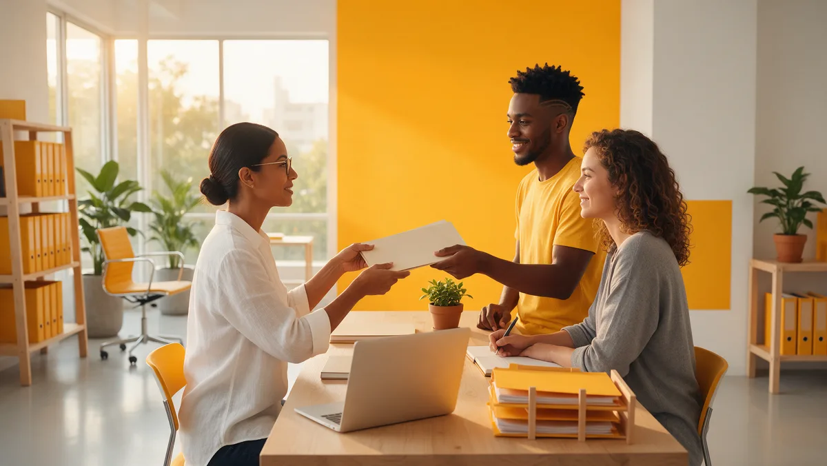 Dona de empresa delega uma tarefa a um colaborador jovem em escritório moderno com detalhes em amarelo