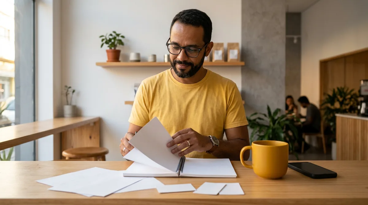 Dono de um café de bairro folheando um caderno em branco com folhas soltas e cartões sobre o balcão