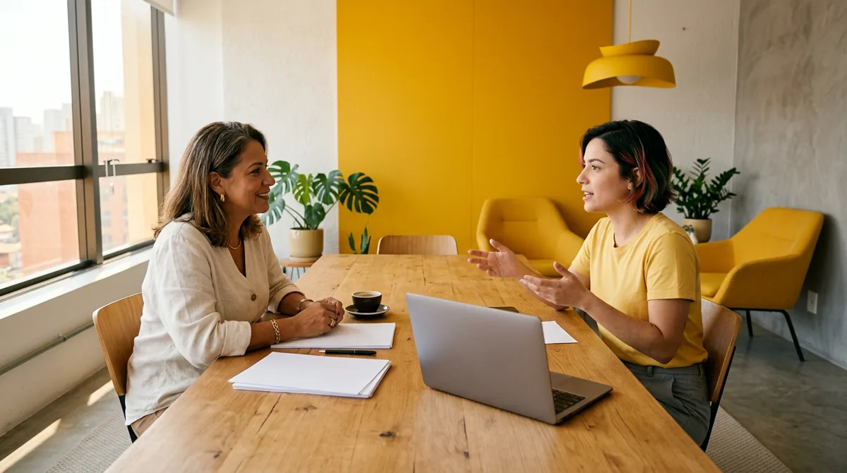 Empresária e consultora de marketing conversam sobre metas e expectativas em uma sala de reuniões
