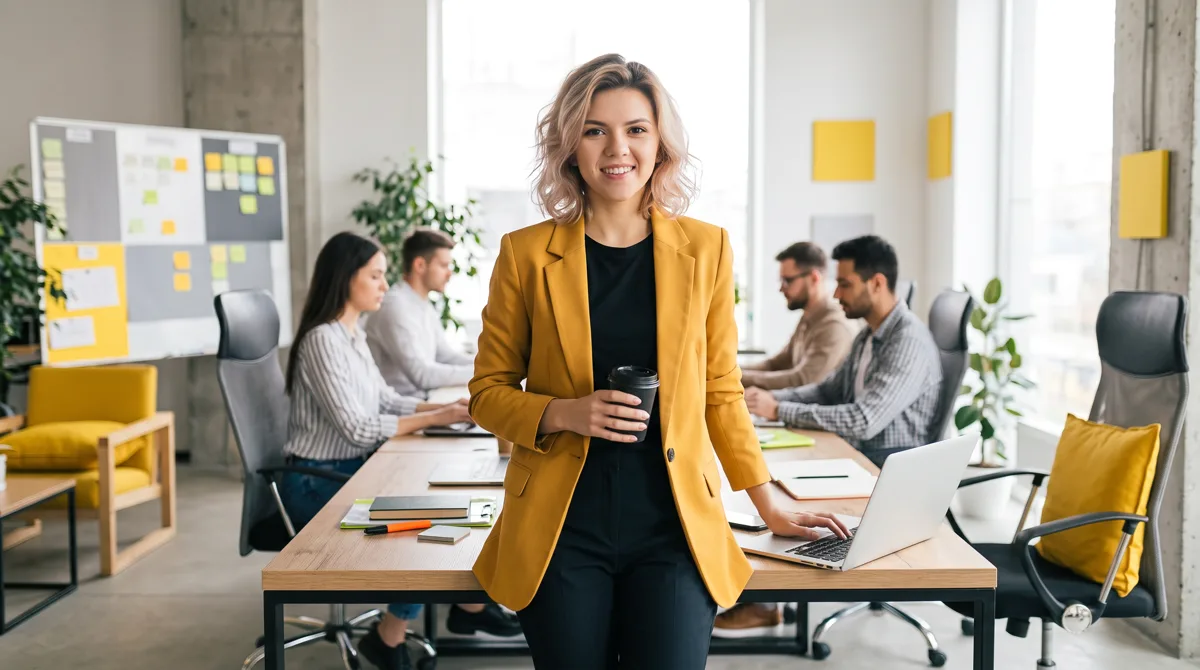Profissional de blazer amarelo sorrindo em pé junto à mesa de trabalho da agência, com colegas ao fundo