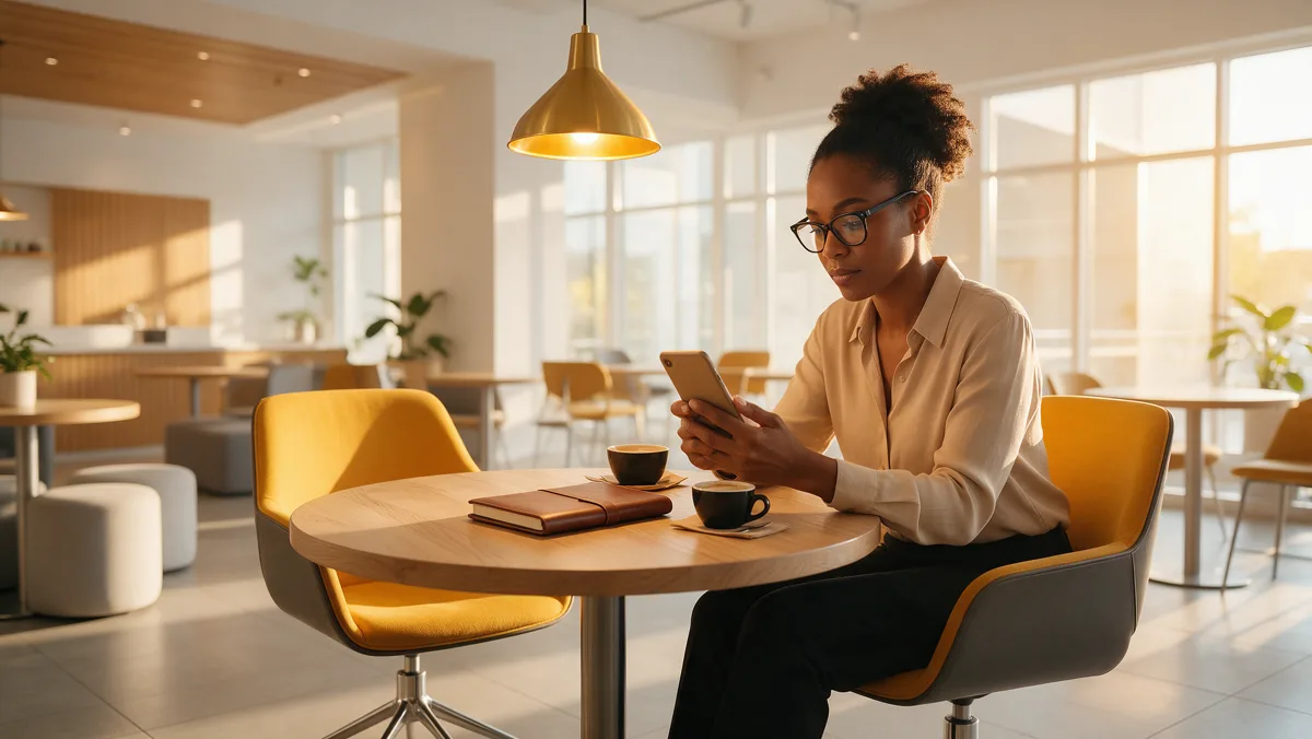 Empresária pesquisando no celular em uma cafeteria moderna enquanto toma café