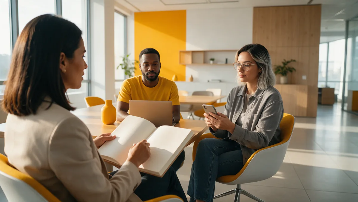 Empresária conversa com dois profissionais de uma agência em uma reunião de acompanhamento de resultados