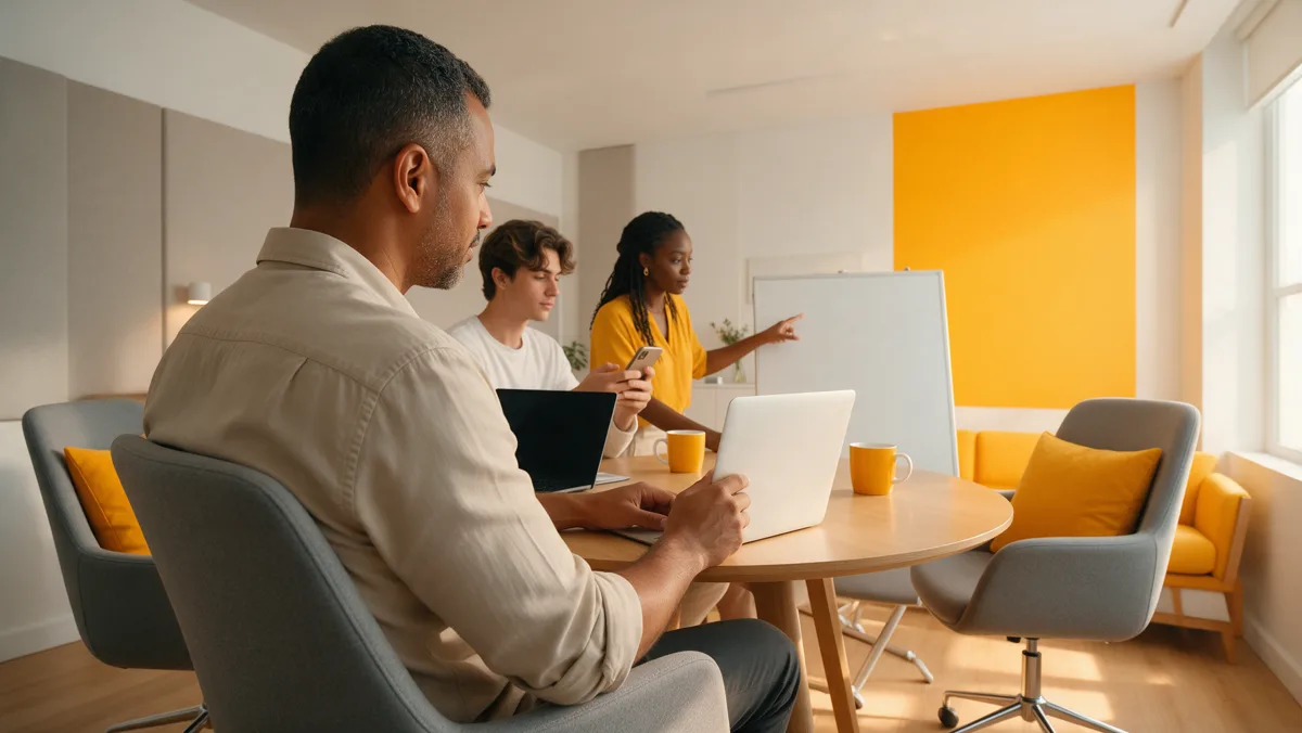 Empresário acompanha a reunião semanal de resultados com a consultora de marketing em sala moderna