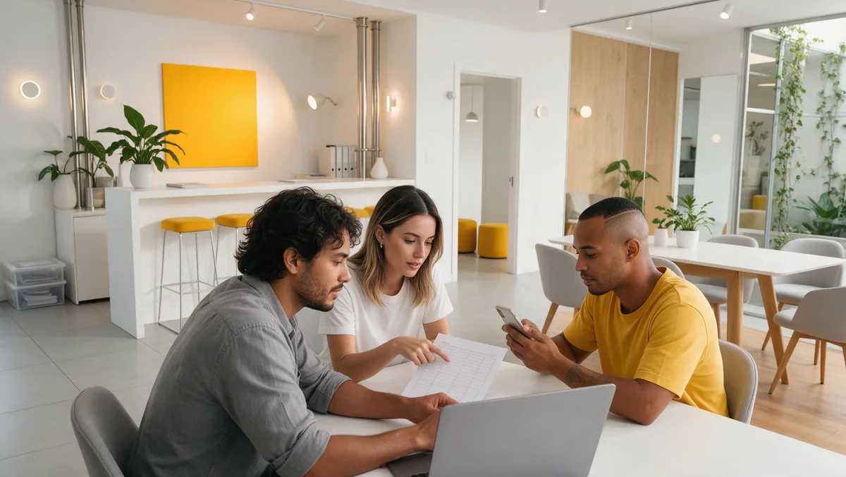 Equipe de marketing acompanha de onde vêm os clientes novos em um escritório moderno