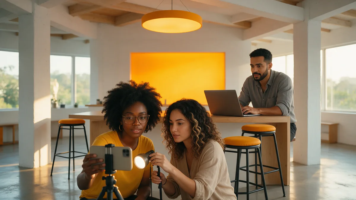 Criadoras de conteúdo e equipe de uma agência gravam um vídeo de anúncio em um estúdio moderno