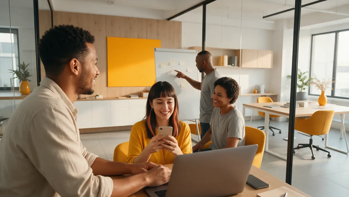 Equipe de marketing e atendimento conversa junto em um escritório moderno para alinhar anúncios e conversas de venda