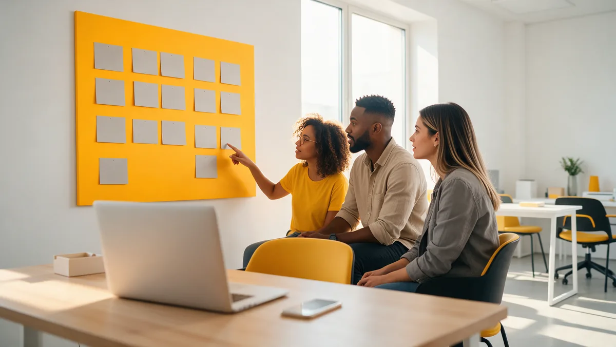 Equipe comercial jovem organiza os contatos do dia em um quadro de cartões em três colunas