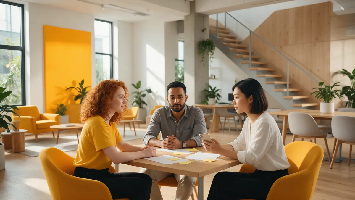 Equipe jovem de agência conversando sobre estratégia ao redor de uma mesa com papéis e post-its em branco